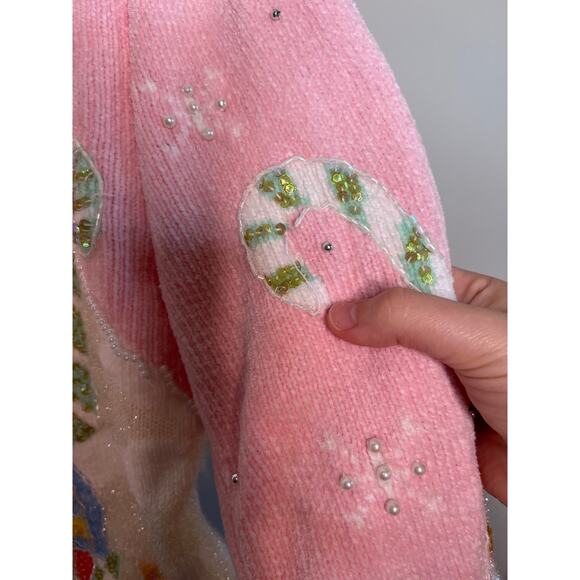 2000s Design Options Pastel Rainbow Christmas Snowman Chenille Glam Cardigan XL - Picture 6 of 10